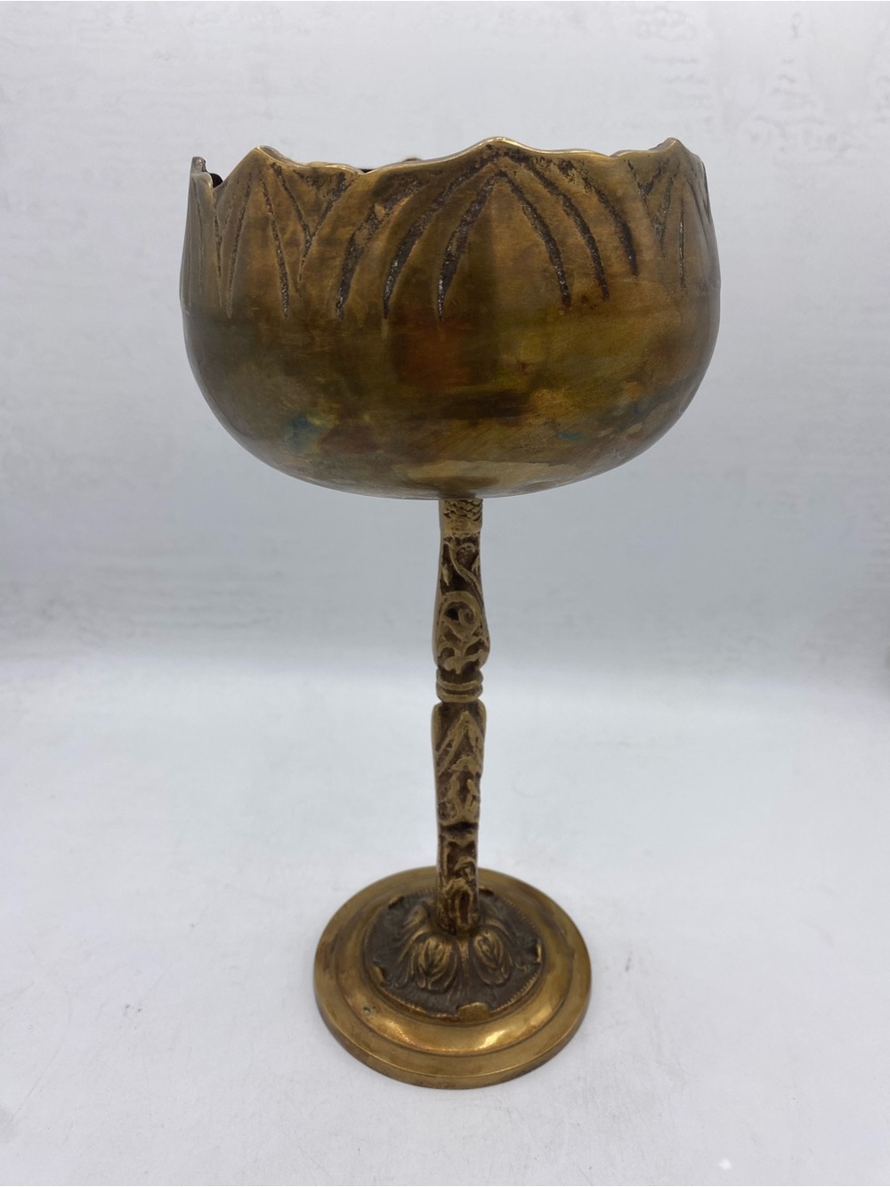 Vintage Solid Brass Decorative Pedestal  Compote Lotus Design Stunning Decor